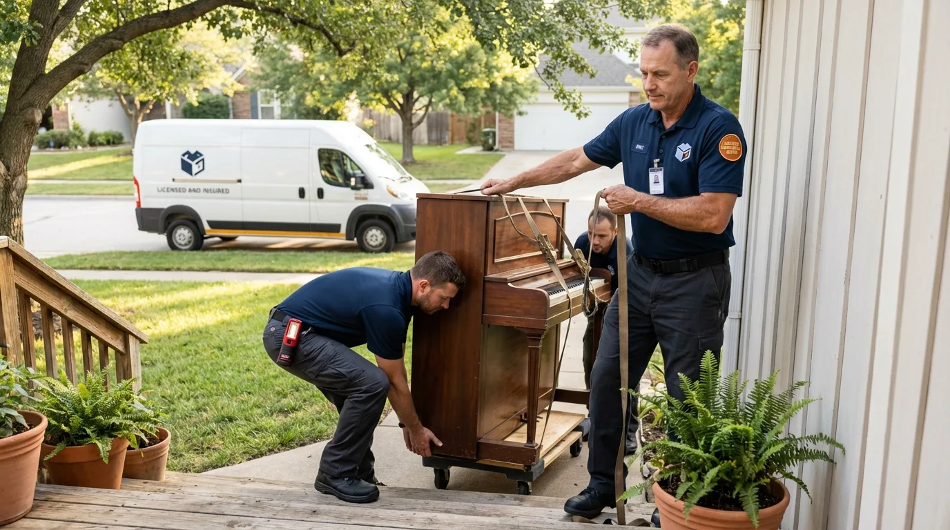 Licensed piano movers securing grand piano in Cochranton, PA