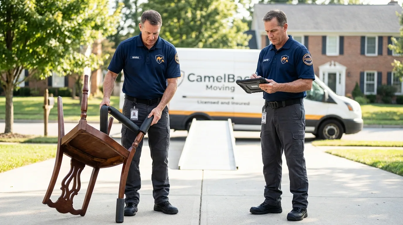 Movers inspecting furniture for damage prevention before loading in Cochranton, PA